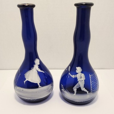 Antique Barber Bottles MARY GREGORY Tennis Set COBALT Open Pontil