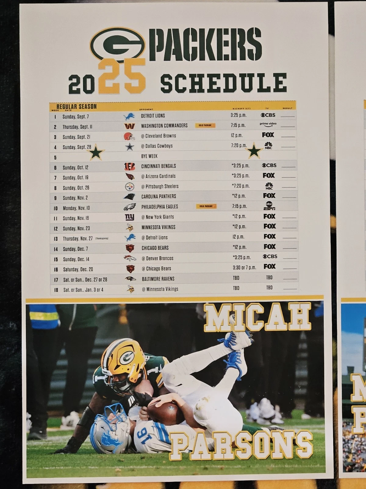 Micah Parsons 2025 Green Bay Packers Poster Schedule