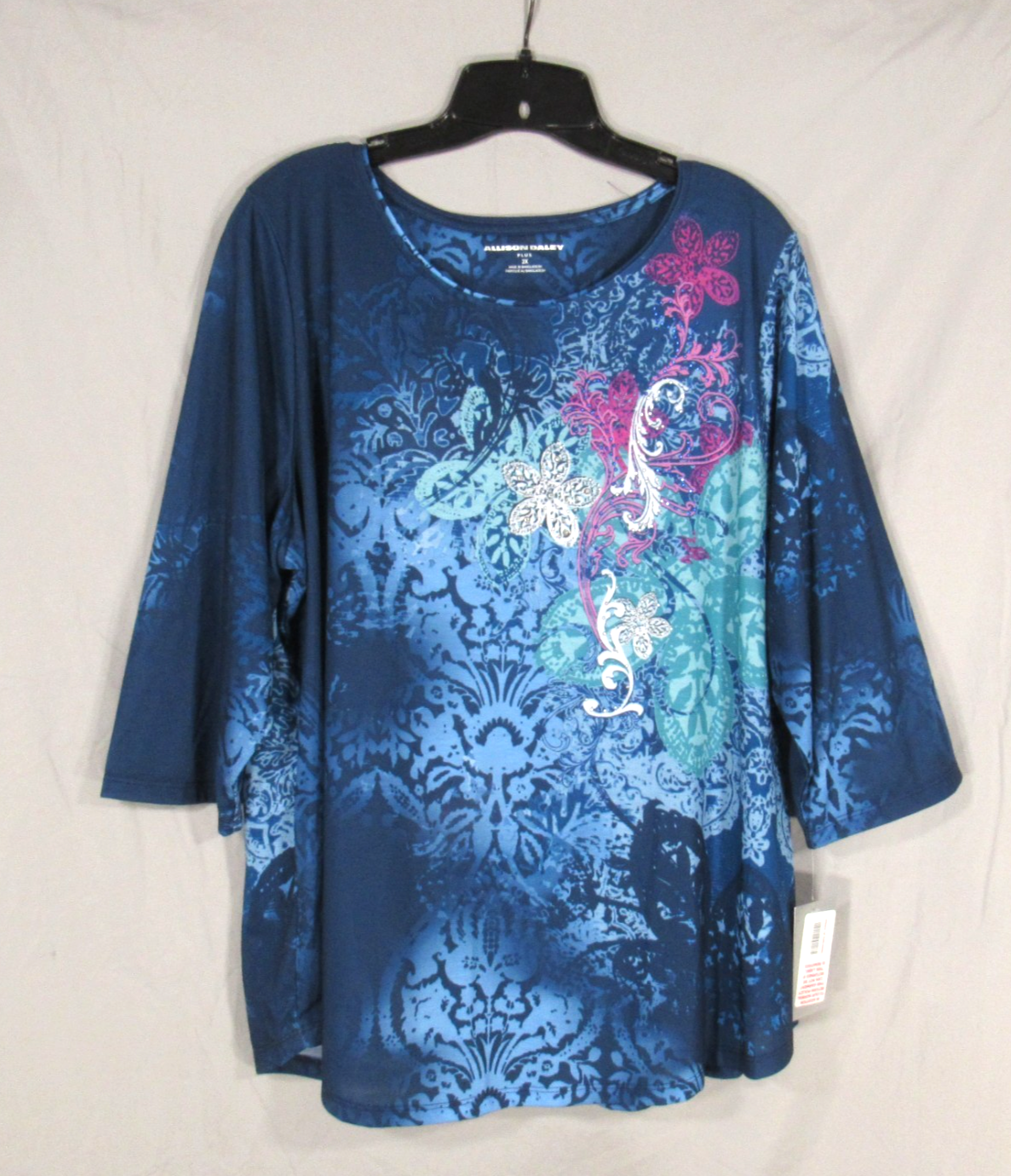 NWT ALLISON DALEY PLUS Slub Knit FLORAL RHINESTONE 3/4 Sleeves BLOUSE/TOP Sz 2X