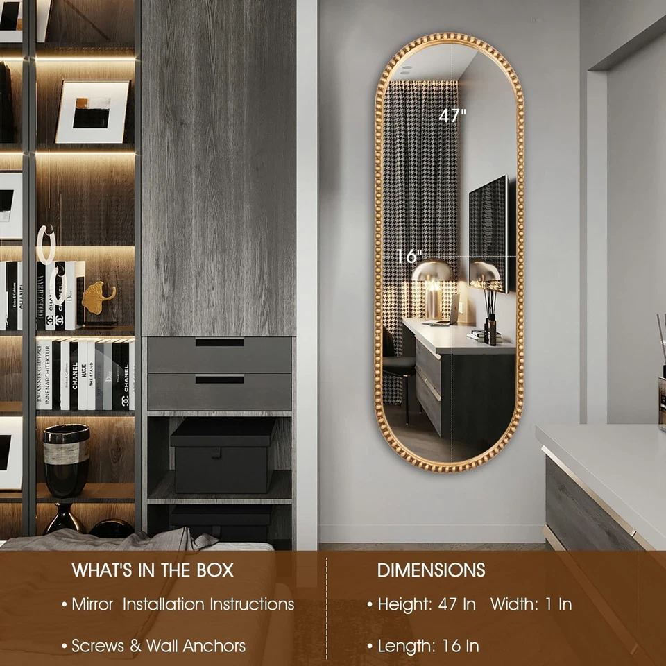 Espejo ovalado de longitud completa, marco de cuentas de metal de 16"x47" grande colgante vestido fl... Foto 2 de 4