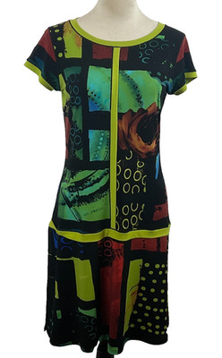 Eva Varro Dress M Art-To-Wear Black Lime Red Blue Green Print Short Sleeve