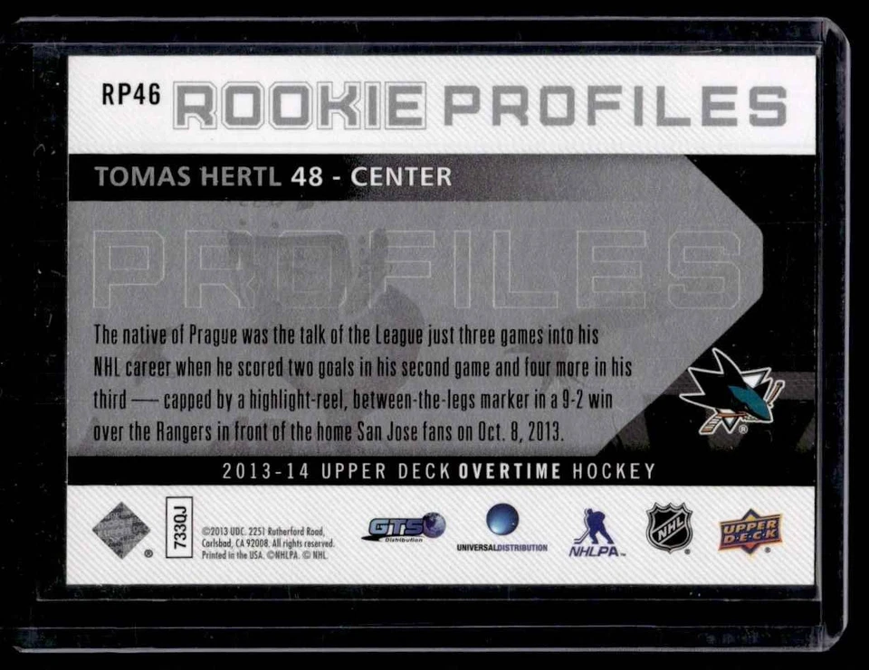 2013-14 Upper Deck Overtime Rookie Profiles Tomas Hertl San Jose Sharks #RP46 - Image 2 of 2