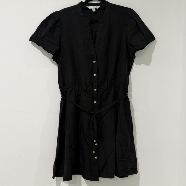Forever New Denim Women Black Lyocell Linen Blend Mini Dress 14 Belted Shirt