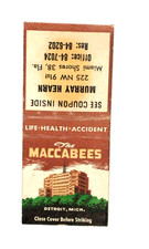 Vtg. Maccabees Insurance Matchbook Cover Detroit MI Murray Hearn Miami Shores FL