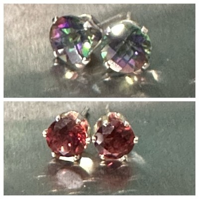 2 PAAR STERLING OHRSTECKER RUND EDELSTEIN: 0,25 GRANAT & 0,75 MYSTISCHER TOPAS