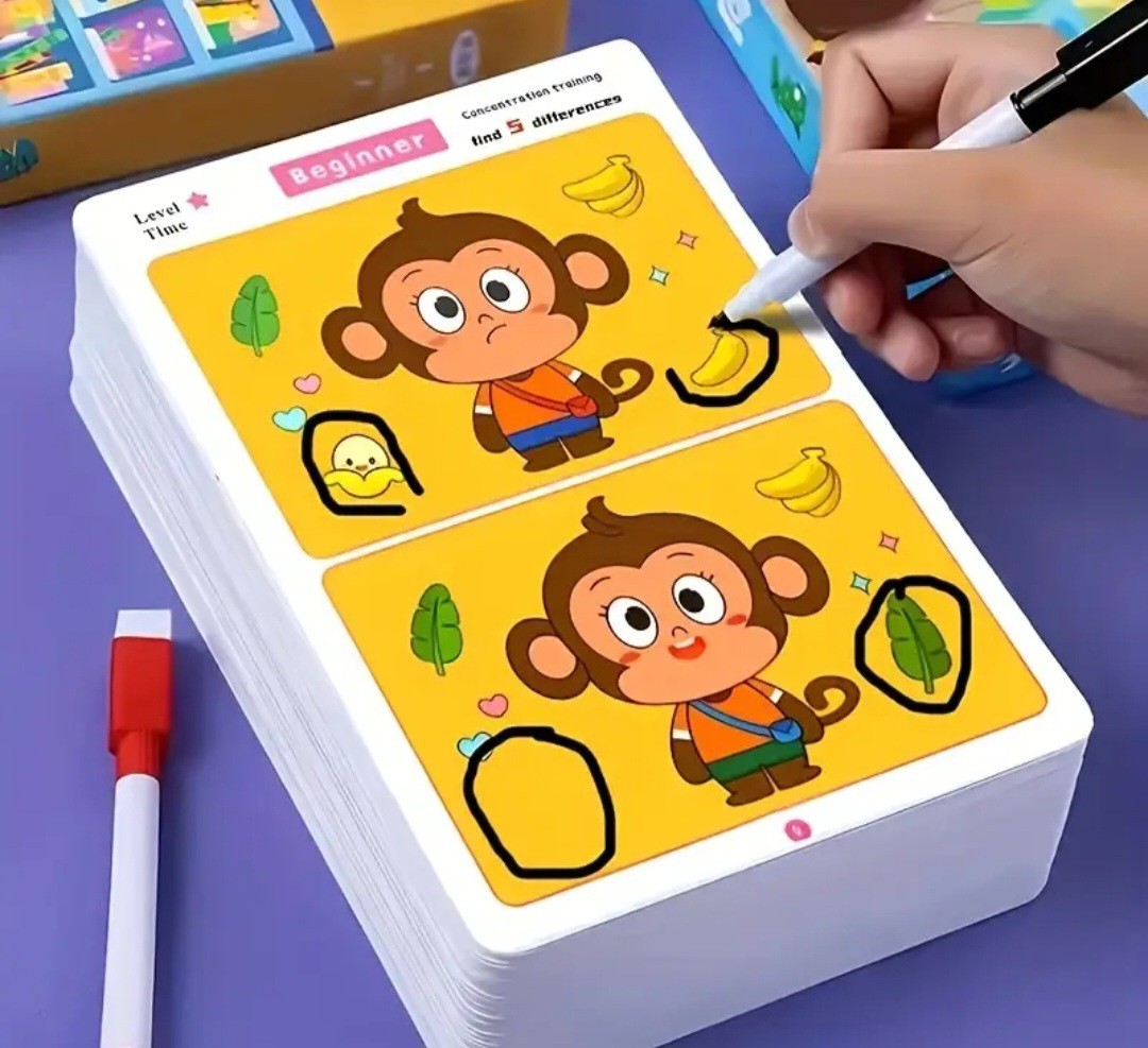 Jeu 7 différences effaçable multicolore avec cartes puzzle éducatif 3 niveaux