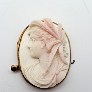 Historische Korallen Camee Engelshaut Brosche vergoldet 33 mm 10 g