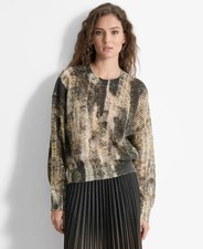 DKNY Women nylon Printed Round-Neck Long-Sleeve Sweater Black Size XS MSRP 179