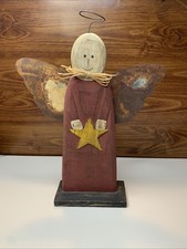Primitive Rustic Homemade Wood Angel Rusty Tin Wings Wire Halo