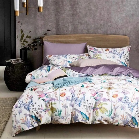 NEW Anthro Purple Floral Bird Boho Cotton Queen / King Bedding Duvet & Sham Set