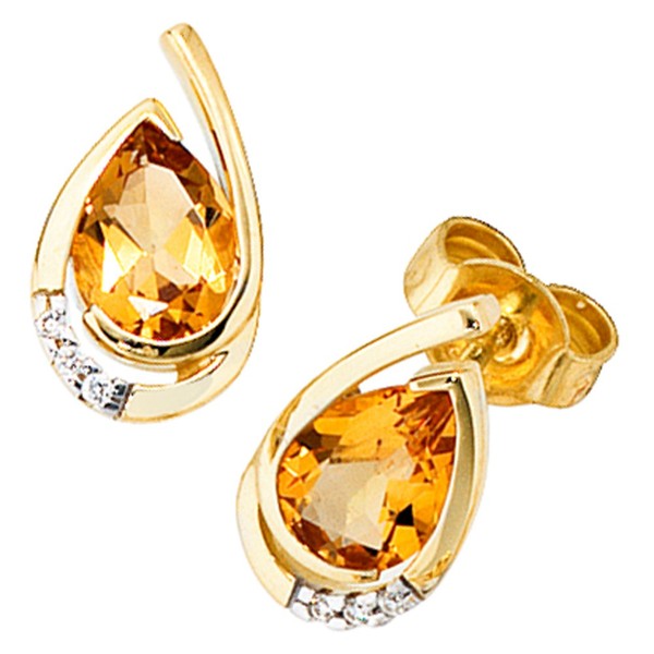 "Jobo\"37818\"Ohrstecker Tropfen 585 Gold Gelbgold 6 Diamanten 2 Citrine Orange Ohr"-image