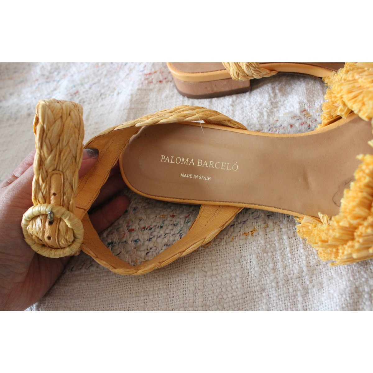 Paloma Barcelo Giselle Yellow Raffia Straw Strap Sandals Size 37