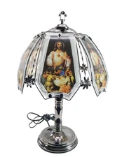 Vintage Ok Lighting Jesus Touch Lamp Last Supper W) Glass Panels 20" Silver Base