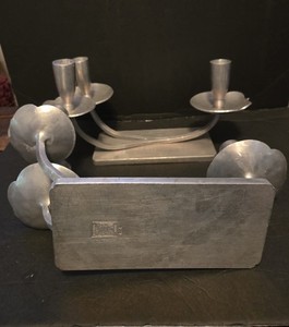 VINTAGE PALMER-SMITH ART DECO #64 HAMMERED ALUMINUM PAIR of 3 ARMED CANDLABRAS