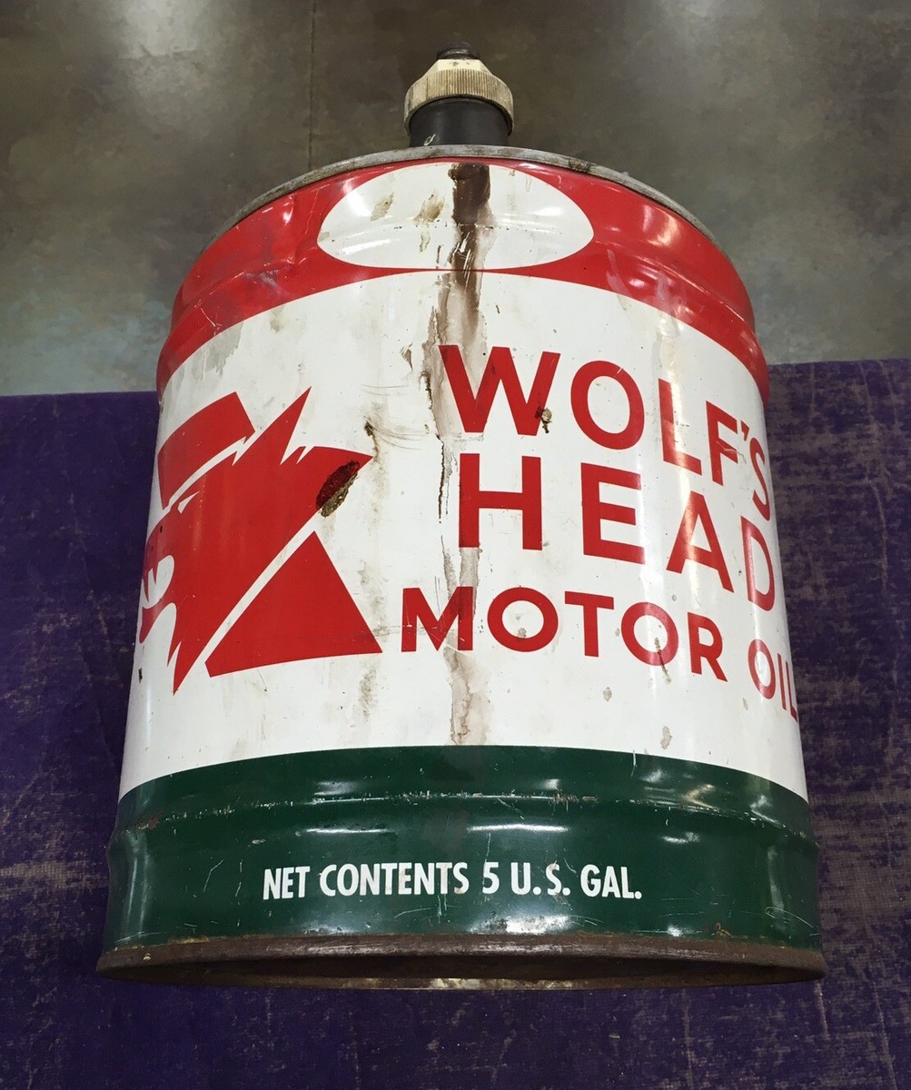 Vintage 5 Gallon Wolf's Head Heavy Duty Motor Oil Can DENTED TOP