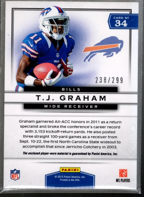 A9099- 2012 Prestige Prestigious Picks Materials #34 T.J. Graham Jersey /299 - Image 2 of 2