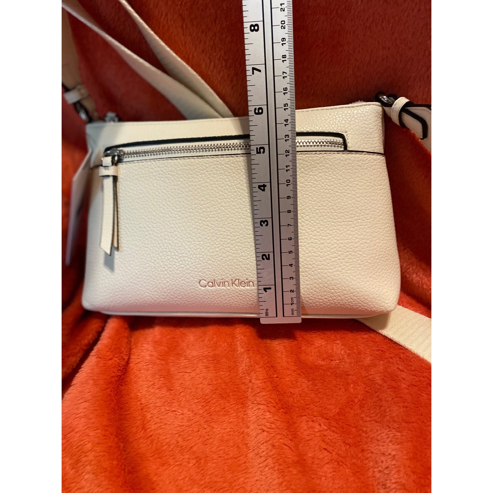 Calvin Klein Crossbody Bag, Front Zip Pocket Adjustable Strap Ivory NEW thumbnail 6