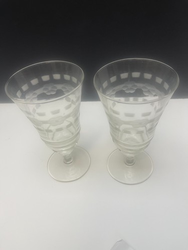 Lot of 2 Libbey Rock Sharpe #3005-10 Flower & Line Cut Footed Iced Tea Tumblers - Picture 2 of 5