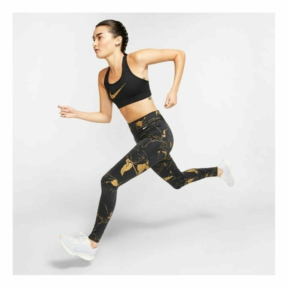 Nike Womens XS Leggings Black Gold Metallic Floral Mid Rise Running BV5769