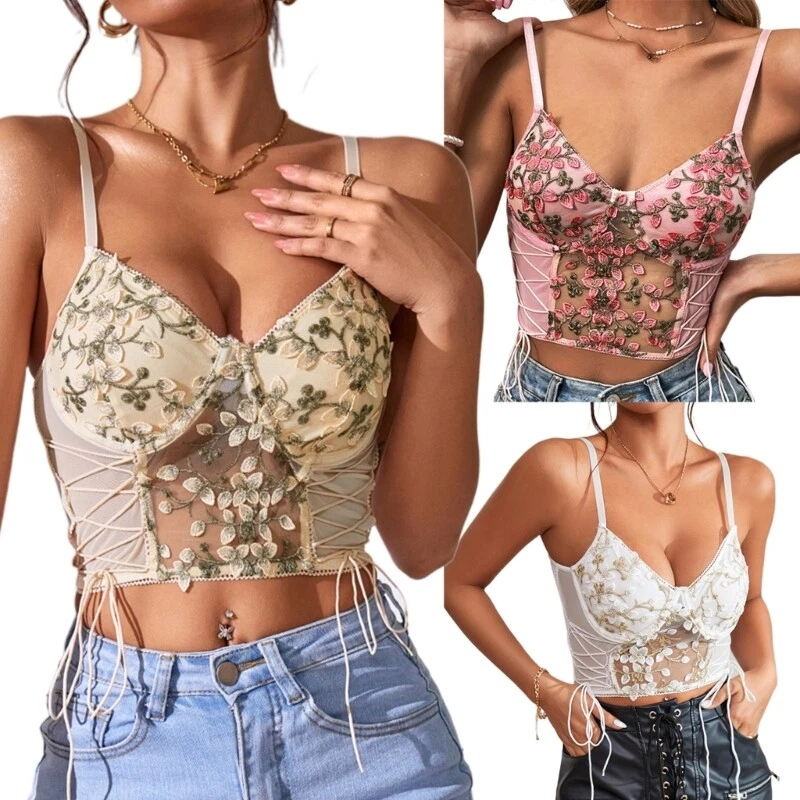 Spaghetti Strap Cami Crop Top Floral Bustier Top Vintage Bustier