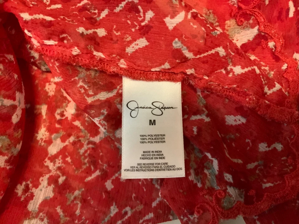 Jessica Simpson Sheer Blouse Women M 3/4 Sleeve Red Chiffon V-Neck Scalloped Hem - Image 4 of 4