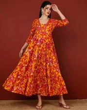 Indian Women Multi Printed Flared Kurta Kurti Long Dress Top Tunic New Style