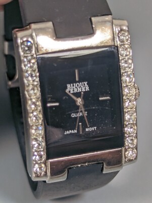 Bijoux Terner Black Dial Crystal Accent Rectangle Case Black Band Watch 8 Inch