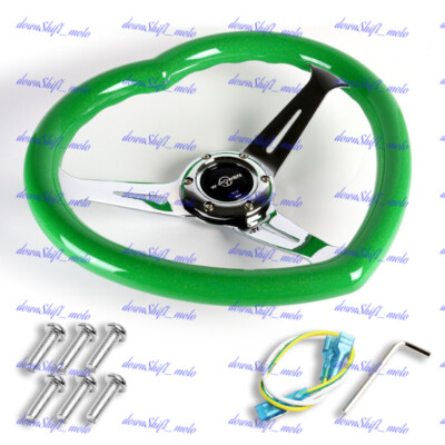 JDM Green Heart Shaped Steering Wheel, ABS Grip, Pink, Steel, Chrome, 3-Spoke