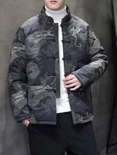 Winter Coat Men Cotton Thicken Warm Chinese Style Embroidered Dragon Robe Jacket