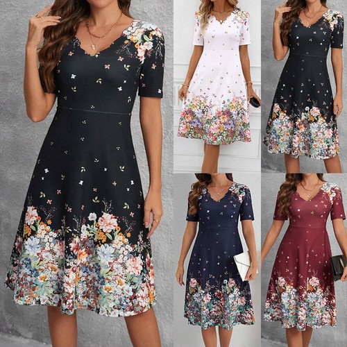 Damen Blumen A-Linie-Kleid Sommerkleid V-Neck Kurzarm Freizeitkleid Midikleid DE