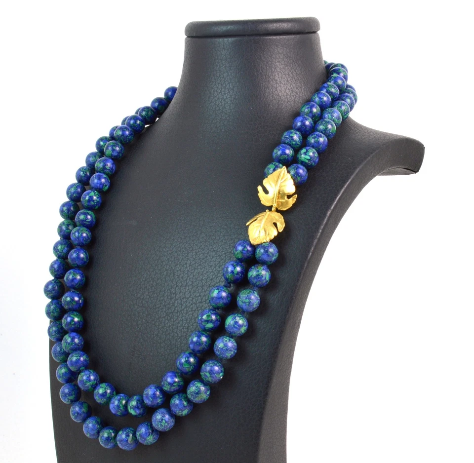 Collana a due fili in Azzurrite e chiusura in Argento 925 dorata. Made in Italy - Immagine 3 di 4