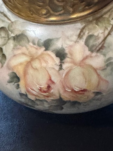 Vintage Porcelain Vase Jean Pouyat Limoges France Pink / Yellow Roses signed AMH - Picture 8 of 12