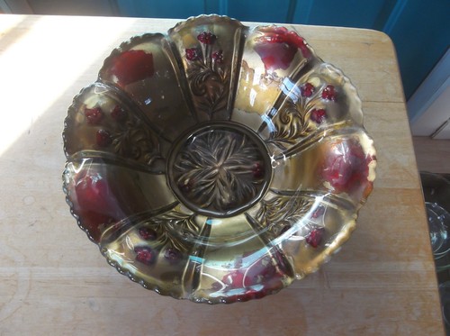 Vintage Red and Gold Floral Design Goofus Glass Scalloped Bowl w/ Paneled Sides - Picture 10 of 10