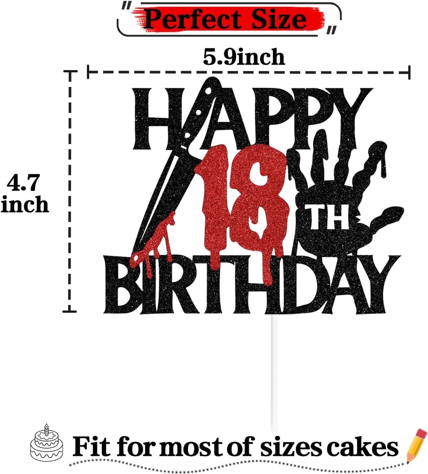 Decoração de bolo Black Glitter Killer feliz aniversário de 18 anos, Halloween zumbi vampiro B - Imagem 2 de 4