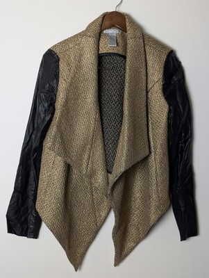 Alberto Makali Metallic Gold Open Front Jacket Black Faux Leather Sleeves Size M