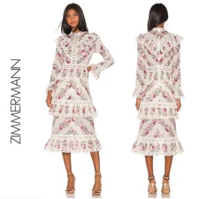 Stunning! ZIMMERMANN | SZ 3 US 10 | Honour Pintuck Floral Midi Long Sleeve Dress