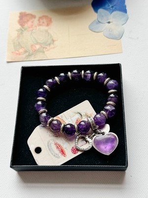 Amethyst Edelstein Perlen Stretch Armband Armreif silberfarben Herz Charm Heilung