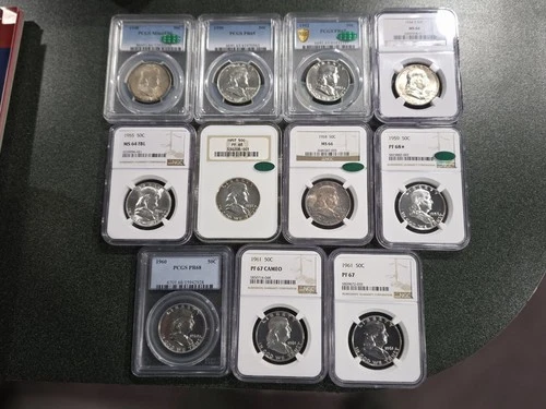 Partial Set Franklin Half Dollars-11 Coins Most Proof, 2 Full Bell Lines, 5 CAC+