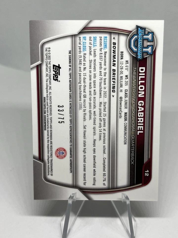 2022 Bowman U Chrome Dillon Gabriel Prospect Auto Yellow Refractor /75 Browns - Image 2 of 2