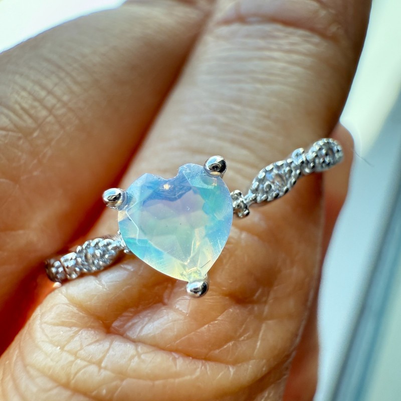 925 Sterling Silver Ring 5mm Heart Natural Opal Gemstone Zircon Handmade Gift