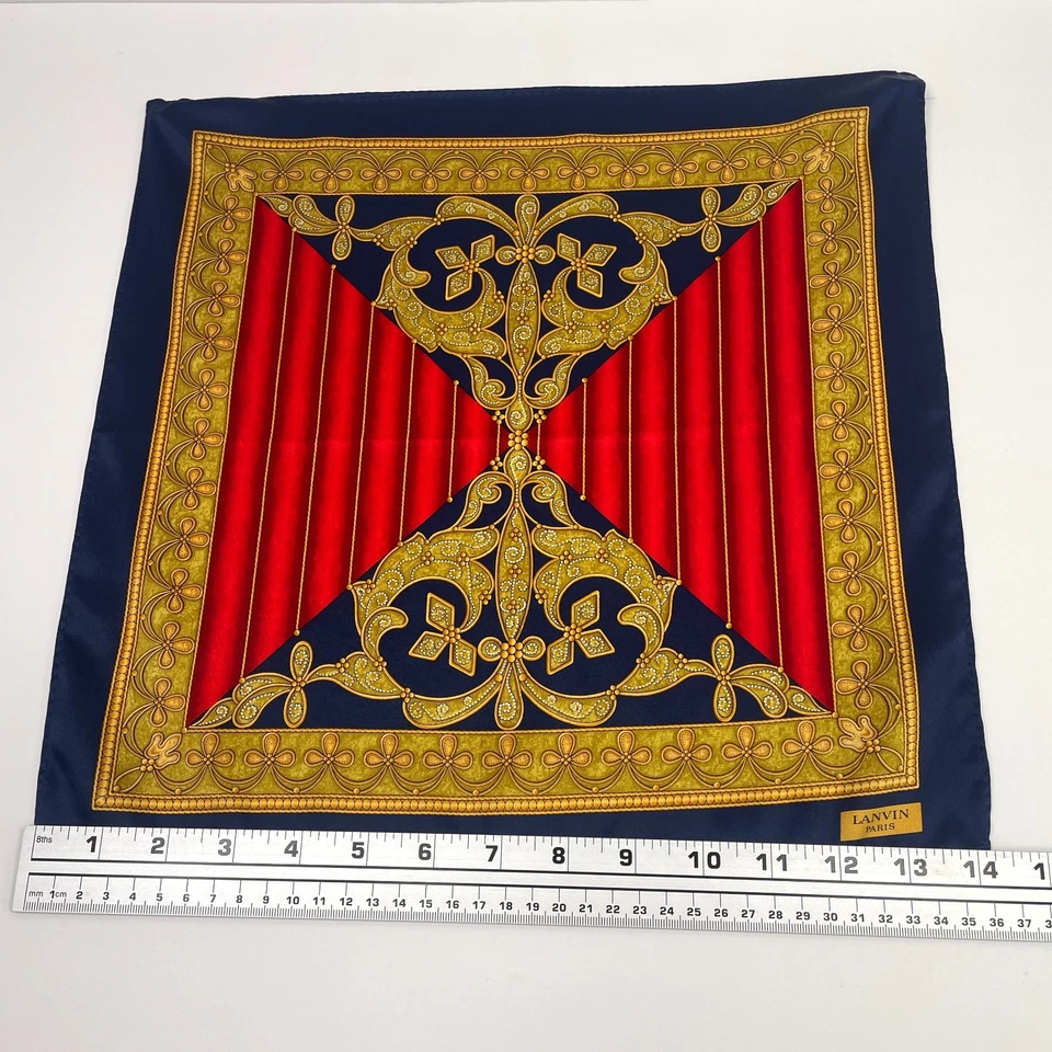 Pañuelo Lanvin Paris Cuadrado de Bolsillo 14" Dorado Azul Real Rojo Seda Para Hombres ¡EXCELENTE ESTADO USADO! Foto 4 de 4