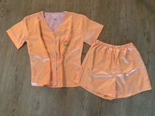 Vtg 2 Pc Peach Liquid Satin Lingerie Shorts Pajama Set Size Small Embroidery