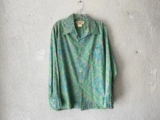 1970s vtg SANDWICH ISLES TIKI PRINT LONG SLEEVE BUTTON SHIRT XL Hawaiian/Aloha