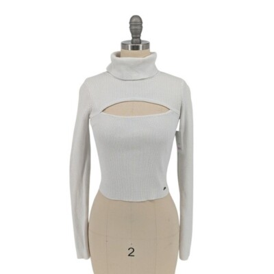 Hollister Turtleneck Cutout Ribbed Knit Sweater Top White XS preppy basic minima