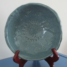 Hand Thrown Blue Etched Dolphin Designs  "Empty Bowls" Bowl Rare Stamped 2015