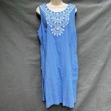 Talbots Women’s Size 16 Blue White Embroidered Sleeveless Dress 100% Cotton