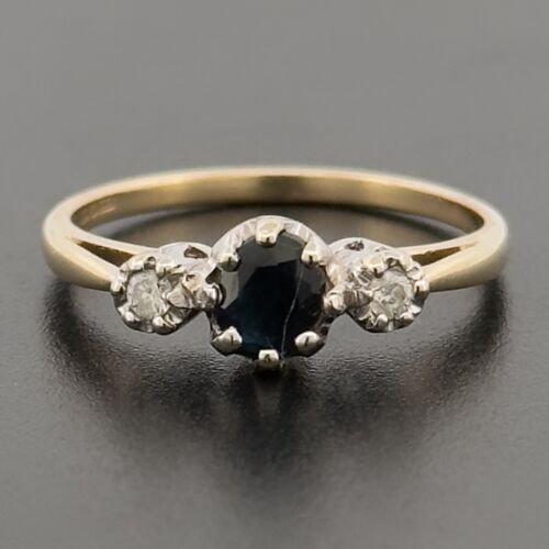 9ct Yellow Gold Sapphire & Diamond Three Stone Ring Size L Hallmarked - Picture 1 of 7