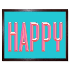 Happy Word Art Turquoise Pink Wall Art Print Framed 12x16