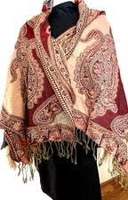 Fall Gorgeous Cover Pashmina Wrap Scarf Paisley Fridge Burgundy Beige NWOT