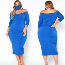 Women Plus Size Dress Blue Bodycon Off Shoulder Midi Dress with Mask Size 2X